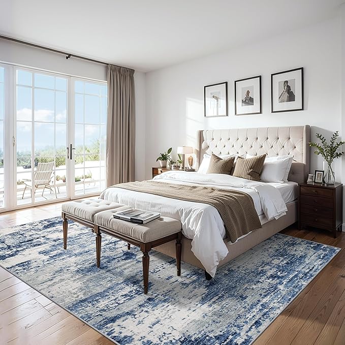 Area Rugs 10x12 Living Room - Washable Rug Modern Abstract Soft Large Neutral Non-Slip Carpet Indoor Floor Thin Carpets for Bedroom Dining Room Farmhouse Nursery Home Office Blue Gray