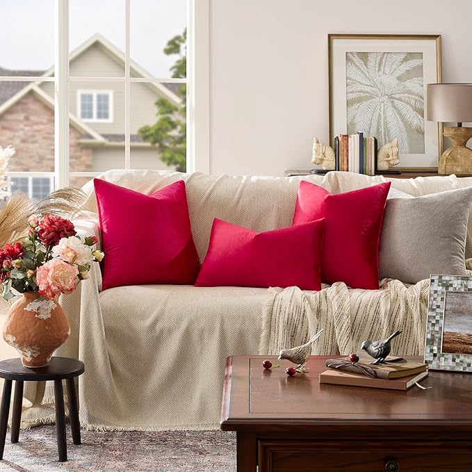 GIGIZAZA Red Velvet 12x20 Decorative Throw Pillow Covers for Sofa Bed 2 Pack Soft Cushion Cover