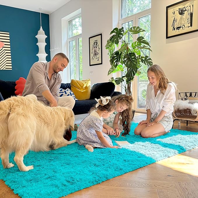 OLANLY 3x5 Machine Washable Small Bedside Rug, Soft Fluffy Shaggy Rugs for Living Room, Bedroom, Indoor Floor Carpet for Kids Girls and Boys, Preppy Dorms, Nursery, Home Decor Aesthetic, Teal Blue