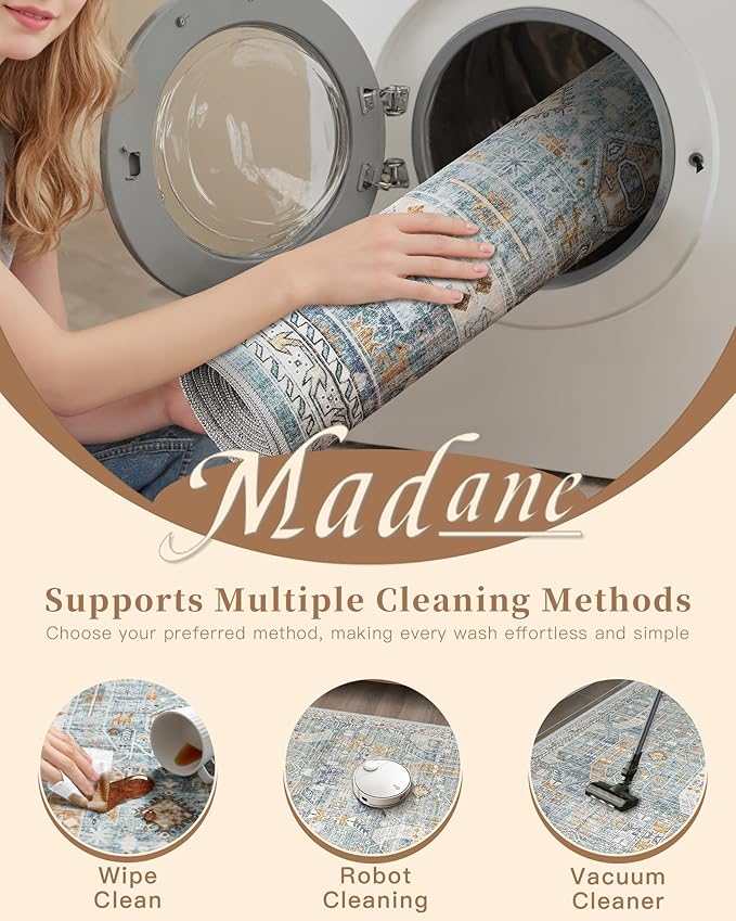 Madane Hallway Runner Rug 2x12, Extra Long Washable Runner Rugs with Rubber Backing, Non Slip Carpet Runner for Hallway, Vintage Rug Runners for Kitchen Laundry Room Entryway (Blue/Gold, 2'x12')