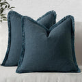 MIULEE Decorative Throw Pillow Covers Neutral Linen Fringe Throw Pillows Set of 2 Navy Blue Boho Farmhouse Cushion Covers with Tassels for Couch Sofa Bed Living Room Spring Home Decor 16x16 Inch