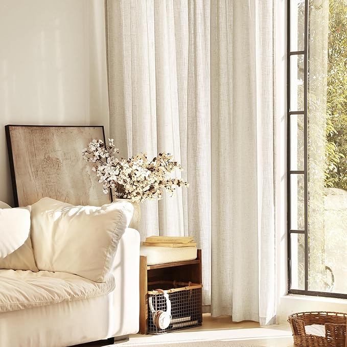 Faux Linen Beige Curtains 120 inches Long for Living Room Rustic Farmhouse Linen Drapes Semi Sheer Burlap Textured Canvas Cloth Curtain Panels Set of 2 Kahki Tan Colored