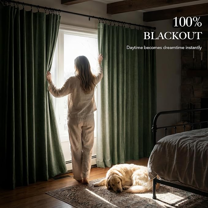 RYB HOME Forest Green 100% Blackout Linen Curtains 96 Length 52 Width, Privacy Assurd & Thermal Insulated Drapes for Bedroom/Sliding Door, Rod Pocket&Back Tab Modern Fashion Style, 2 Panels