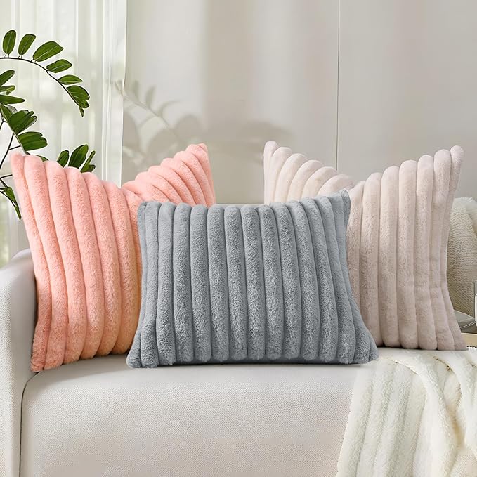 decorUhome Cozy Faux Fur Throw Pillow Covers 26x26 Set of 2 Decorative Soft Plush Striped Modern Farmhouse Boho Couch Euro Sham Pillow Cases with Velvet Back for Sofa Bed Living Room, Grey