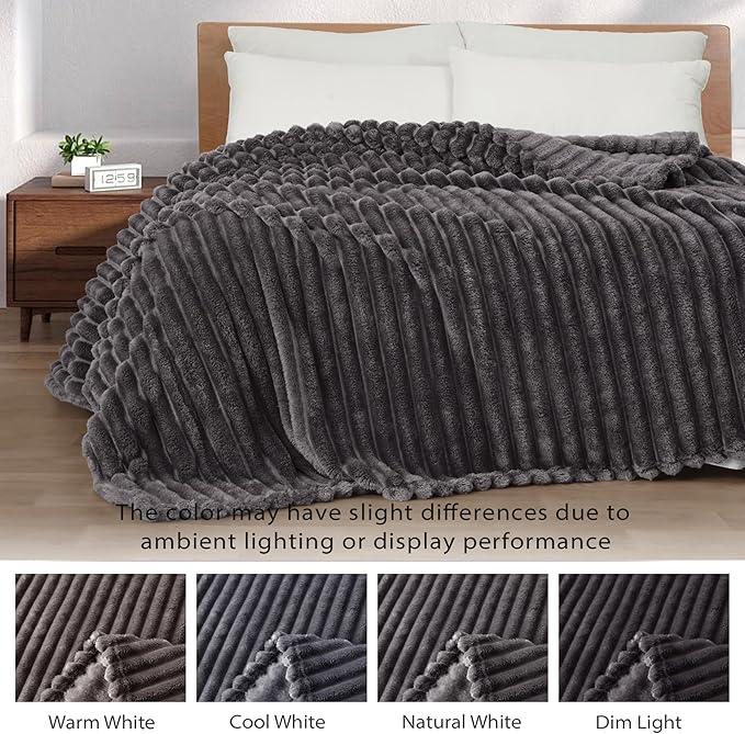 Exclusivo Mezcla Twin Size Flannel Fleece Blanket, Super Soft Striped Jacquard Bed Blanket, Lightweight Fuzzy Cozy for All Seasons, 60x80 Inches, Dark Grey