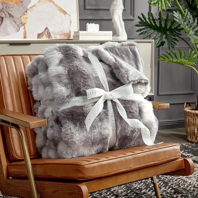 Cozy Bliss Faux Fur Throw Blanket for Couch, Fuzzy Soft Plush Thick Bubble Blanket for Sofa Bedroom Living Room, 50 * 60 Inches Tie-dye Taupe (Pack of 2)