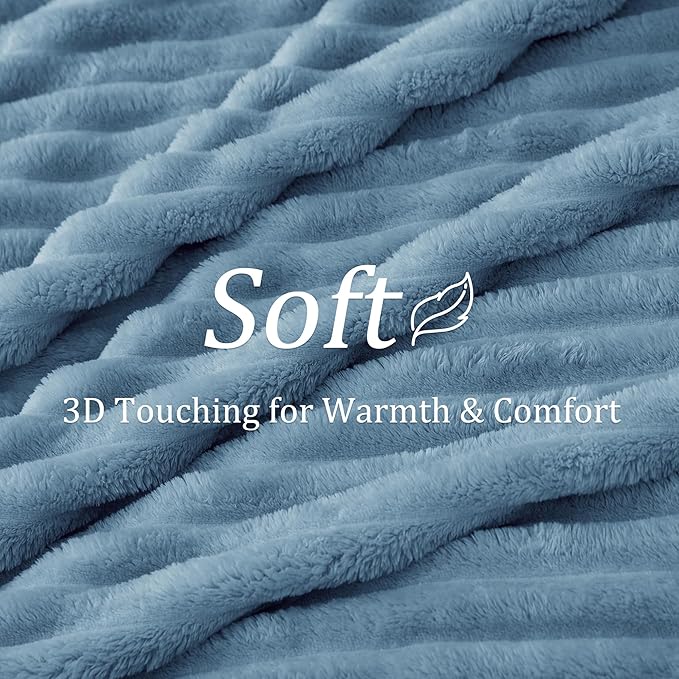 BEDELITE Fleece Blue Throw Blanket for Couch - 300GSM Soft & Warm Fluffy Blue Blanket, Decorative and Giftable Striped Blankets for Women, Men, 50"x60"