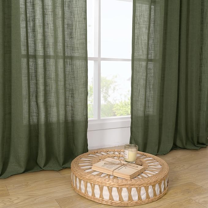 LAMIT Linen Curtains 60 Inch Length 2 Panels, Light Filtering Panels Back Tab and Rod Pocket Neutral Drapes for Bedroom/Window/Living Room, Olive Green, 34 x 60 Inch