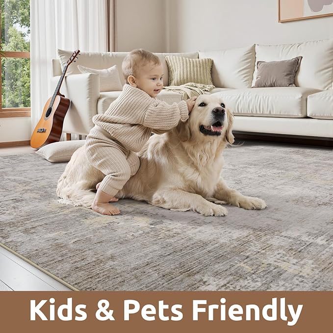 AMOAMI 2 x 6 Hallway Runner Rug Non Slip Super Soft Runner Rugs Machine Washable Low Pile Modern Abstract Runners for Hallways for Bedroom Laundry Room Kitchen, Beige