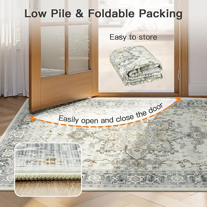 Lofus 6x9 Area Rugs for Living Room, Machine Washable Non-Slip Area Rug, Low Pile Large Rugs for Bedroom, Kitchen, Dining Room, Home Office, Vintage Oriental Print Rug, Taupe Grey