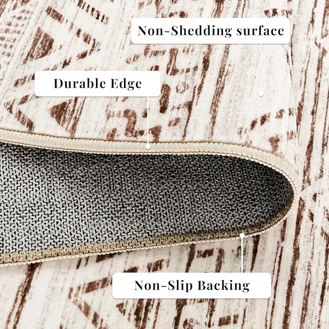 4x10 Washable Hallway Runner Rug：Moroccan Non-Slip Wide Runners for Entryway Kitchen Soft Modern Geometric Low-Pile Rugs for Living Room Thin Waterproof Carpet for Bedroom Bathroom Laundry(Beige,4x10)
