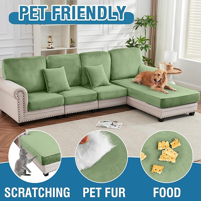 Couch Cover 6-Piece Elastic Velvet Couch Cushion Covers & Chaise Slipcovers for L-Shaped Sofas, Sofa Seat Covers Washable, Soft Cover for Couches (5 Seater + Chaise, Avocado Green)