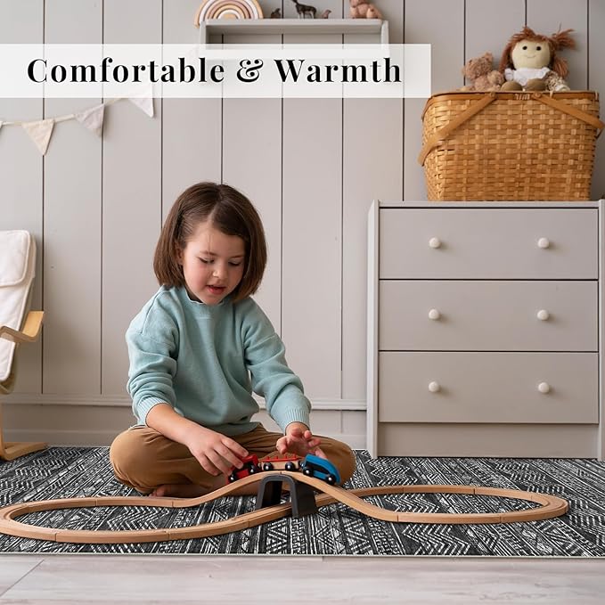4x12 Washable Hallway Runner Rug：Moroccan Non-Slip Wide Runners for Entryway Kitchen Soft Modern Geometric Low-Pile Rugs for Living Room Thin Waterproof Carpet for Bedroom Bathroom Laundry(Black,4x12)