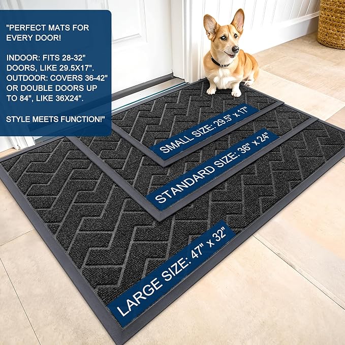 OLANLY Front Door Mat Indoor Outdoor Entrance, Waterproof All-Season, All-Weather Doormat, Sturdy Natural Rubber, Low Profile, Easy Clean Patio Porch Entryway Mat, Herringbone Brick (Black, 59x35)