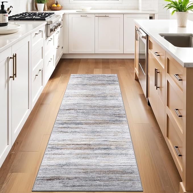 2'6''x10' Washable Runner Rugs for Hallway: Easy-to-Clean Abstract Runners for Entryway Bedroom - Stain and Water Resistant Rugs with Non-Slip Backing - Soft Low-Pile Carpet Beige Grey