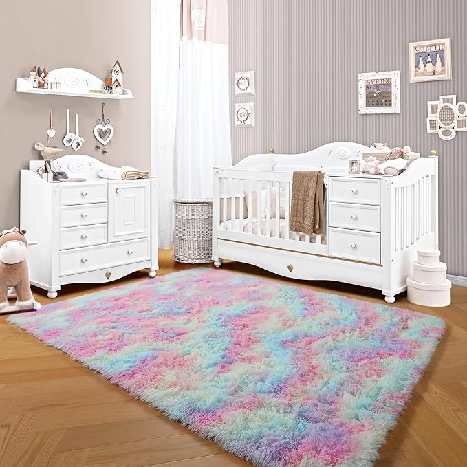 ONASAR Rainbow Area Rugs for Living Room, 5x8 Fluffy Girls Bedroom Rug, Indoor Ultra Soft Plush Shaggy Large Floor Carpets for Nursery Kids Baby Boys Teen Dorm Playroom Home Decor Aesthetic