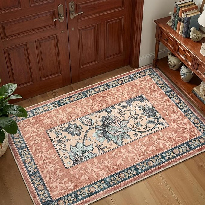GarveeHome Terracotta Teal Washable 6x9 Area Rugs, Botanical Grove Vintage Cottagecore Non-Slip Rug for Living Room Bedroom Nursery Kitchen Low-Pile Retro Large Carpet