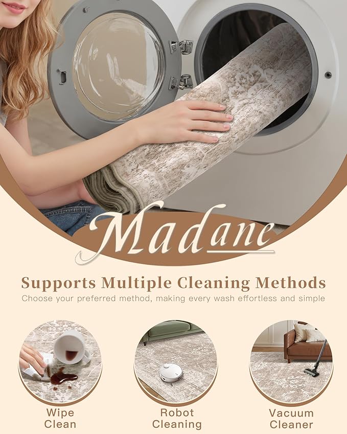 Madane Washable Area Rug 4x6, Low Pile Stain Resistant Vintage Area Rugs, Non Slip Accent Rug Floral Print Indoor Mat for Entryway Living Room Kitchen Bedroom, Brown/Sand