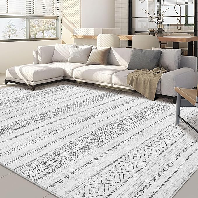 Nakagishi 9x12 Area Rug Living Room: Washable Boho Large Neutral Modern Soft Farmhouse Rugs Stain Resistant Indoor Floor Non-Slip Carpet for Bedroom Nursery Kids Playroom Office Dining Room- Grey
