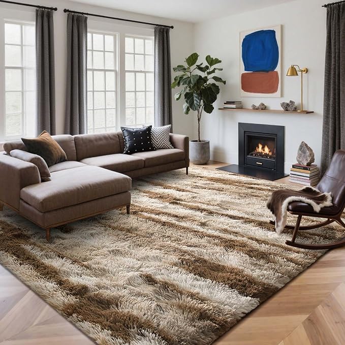 9x12 Ft Extra Large Shag Rugs for Living Room, Ultra Soft Fluffy Furry Area Rugs for Bedroom Indoor Floor, Aesthetic Carpet for Kids Home Decor (Khaki)