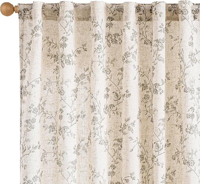 Lazzzy Farmhouse Linen Curtains Gray Floral Curtains 96 Inch Long Back Tab Drapes for Living Room Bedroom Light Filtering Country Vintage Rod Pocket Curtain, 2 Panels, Grey on Beige