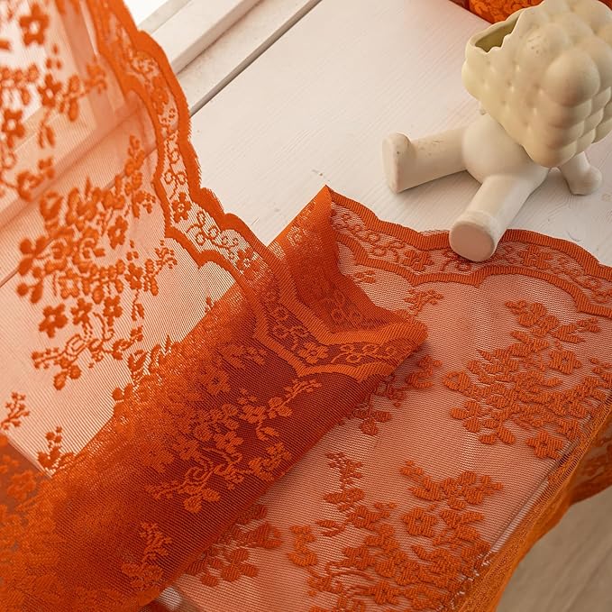 YJ YANJUN Vintage Lace Curtains 63 Inch Length Burnt Orange Sheer Curtains for Living Room Bedroom 2 Panels Rod Pocket Farmhouse Terracotta Drapes for Kitchen Nursery Halloween Fall Decor 52x63 Inch