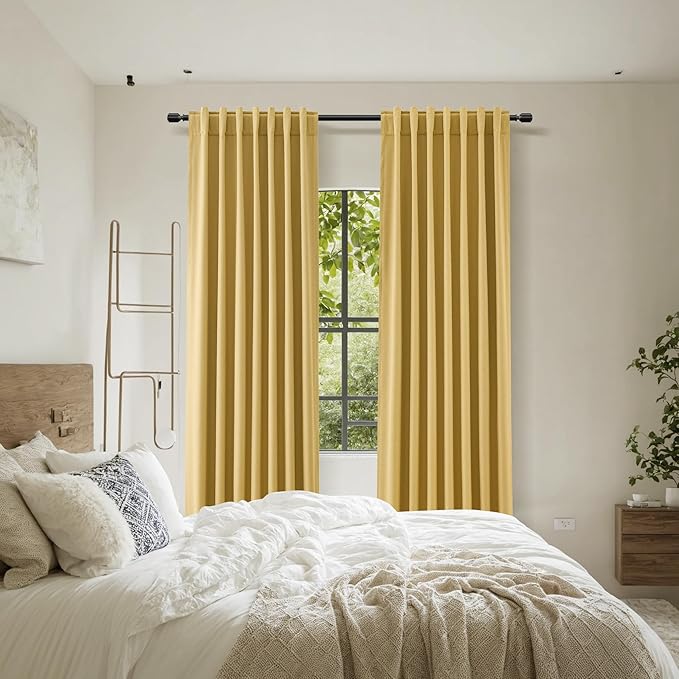 Guken 100% Blackout Curtains 63 Inch Length 2 Panels Set for Living Room Bedroom Back Tab Thermal Insulated Black Out Linen Drapes Room Darkening Window Curtains 63 Inches Long,Gold