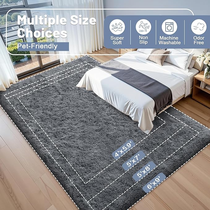 OLANLY 6x7 Area Rugs for Living Room Bedroom, Machine Washable Soft Fluffy Shaggy Bedside Rug, Indoor Floor Carpet for Kids Girls and Boys, Dorms, Nursery Rooms, Home Decor Aesthetic, Grey