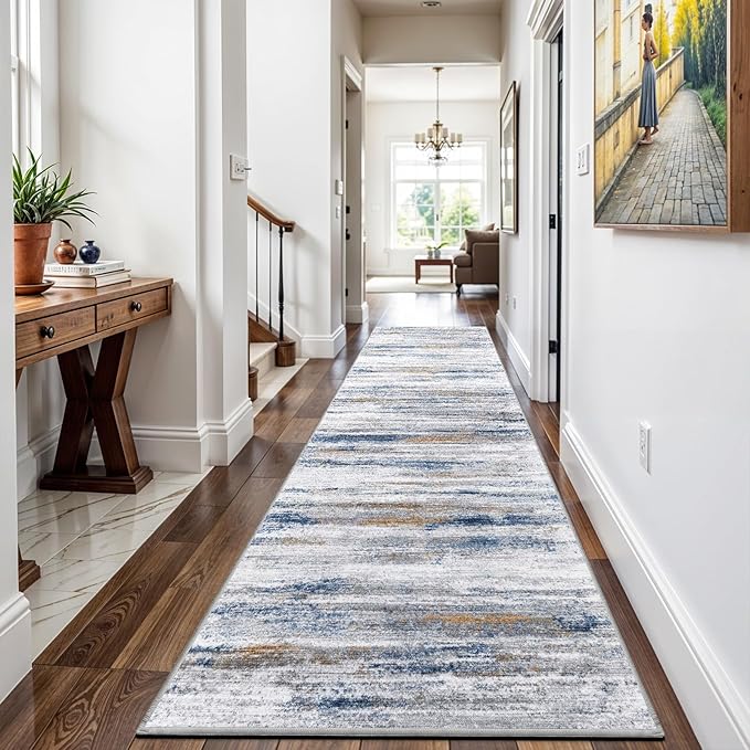 3x14 Washable Hallway Runner Rug: Extra Long Runners for Entryway Living Room Dining Room - Stain and Water Resistant Rugs with Non-Slip Backing - Soft Low-Pile Carpet 14ft Navy Grey