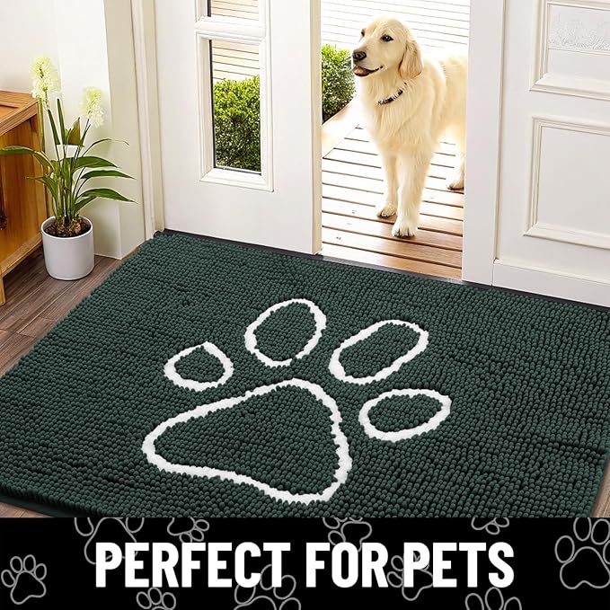 Smiry Dog Door Mat for Muddy Paws, Absorbent Dirt Trapper Non Slip Quick Dry Washable Chenille Mat for Mud Dogs, Entry Rug for Indoor and Outdoor (59x24 Inches, Green and White)