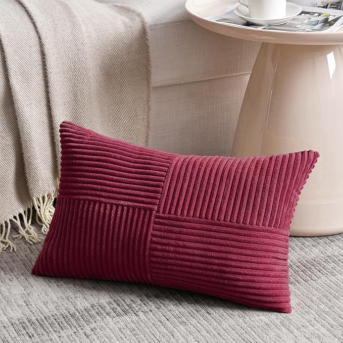 Fancy Homi 2 Packs Burgundy Lumbar Decorative Throw Pillow Covers 16x28 Inch for Living Room Couch Bed, Farmhouse Boho Home Decor, Soft Striped Corduroy Rectangle Accent Cushion Case 40x70 cm