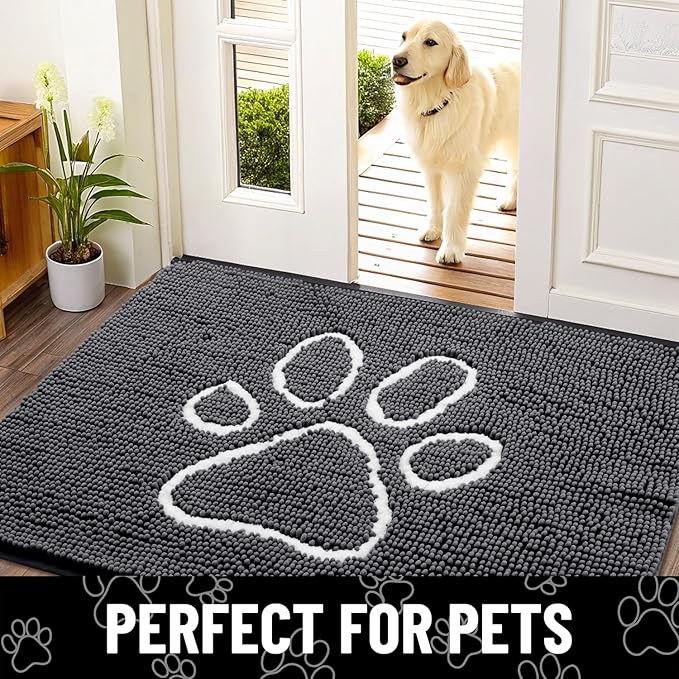 Smiry Dog Door Mat for Muddy Paws, Absorbent Dirt Trapper Non Slip Quick Dry Washable Chenille Mat for Mud Dogs, Entry Rug for Indoor and Outdoor (47x24 Inches, Dark Grey and White)