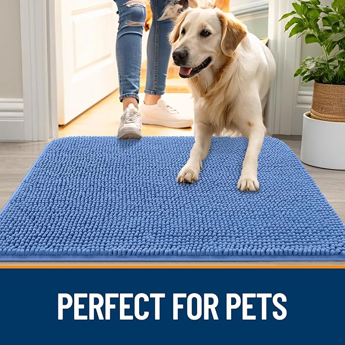 OLANLY Dog Door Mat for Muddy Paws 45x27, Absorbs Moisture and Dirt, Absorbent Non-Slip Washable Doormat, Quick Dry Chenille Mud Mat, Entry Indoor Entryway Carpet for Inside Floor, Cornflower Blue