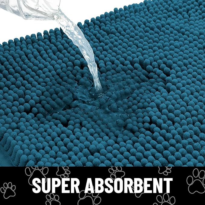 Smiry Dog Door Mat for Muddy Paws, Absorbent Dirt Trapper Non Slip Quick Dry Washable Chenille Mat for Mud Dogs, Entry Rug for Indoor and Outdoor (70x24 Inches, Atlantic Blue and White)
