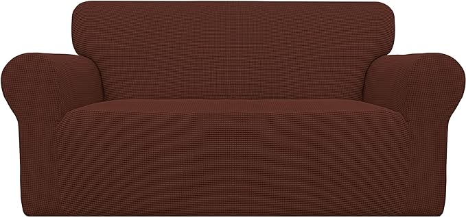 Easy-Going Stretch Loveseat Slipcover 1-Piece Sofa Cover Furniture Protector Couch Soft with Elastic Bottom for Kids Polyester Spandex Jacquard Fabric Small Checks (Loveseat, Coffee)