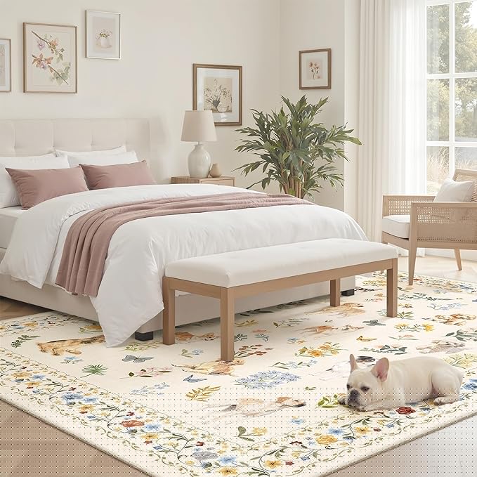 Dog 6x9 Area Rugs for Living Room, Machine Washable Animal Floral Vintage Rug Non-Slip Low Pile Soft Throw Rugs for Bedroom Dining Room Kitchen Nursery Playroom (6 x 9,Beige)