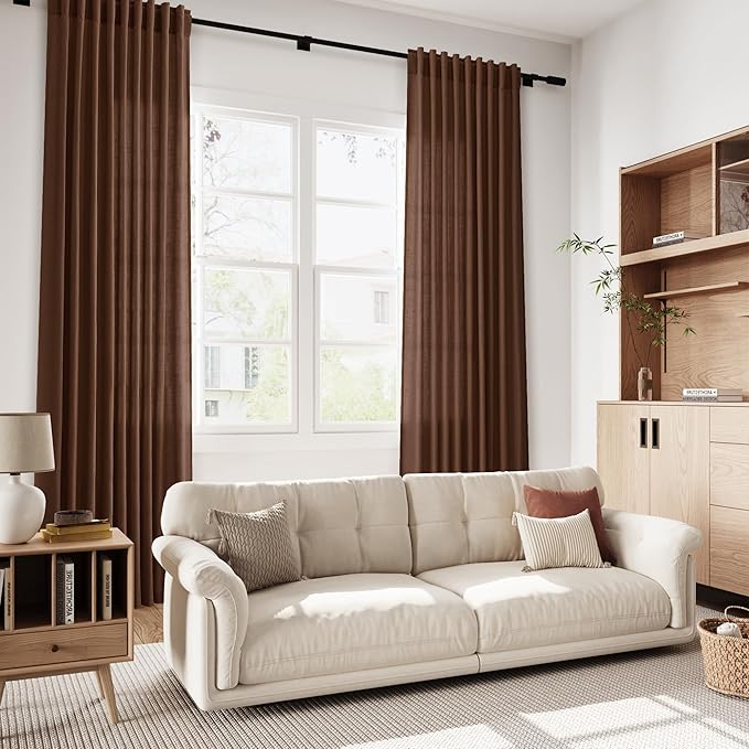 Mocha Brown Linen Curtains 63 Inches Long 2 Panel Sets for Living Room Bedroom Rod Pocket Back Tab Light Filtering Drape for Kitchen Window Short Protect Privacy Curtain Modern Farmhouse Decor 52x63