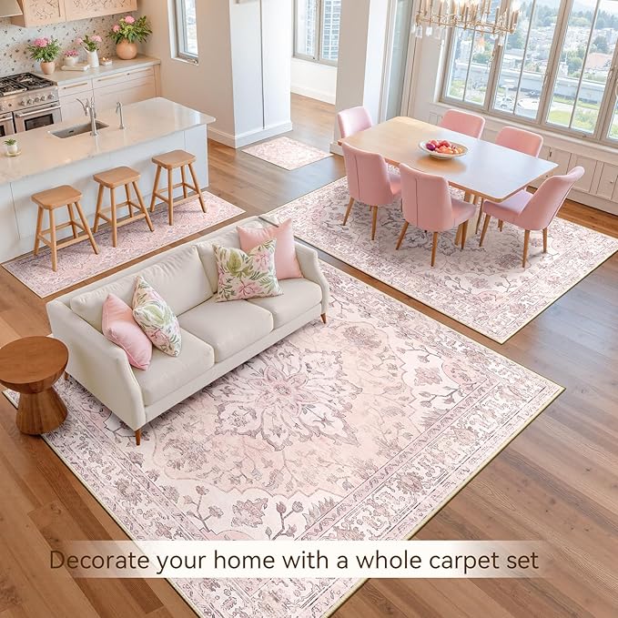RELEANY Area Rugs 7'x9' Washable Non-Slip, Floral Vintage Distress Print Pattern Medallion Carpet for Living Room Bedroom Dining Room, Pink Greypink Cute