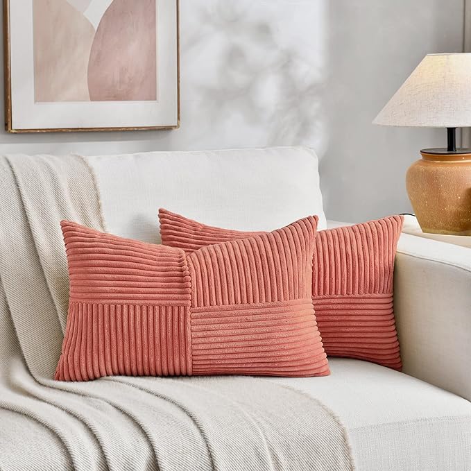 Fancy Homi 2 Packs Coral Lumbar Decorative Throw Pillow Covers 16x32 Inch for Living Room Couch, Rustic Farmhouse Boho Home Decor, Soft Striped Corduroy Rectangle Accent Peach Cushion Case 40x80 cm