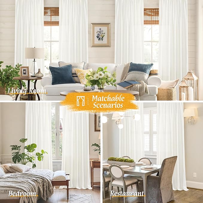LAMIT Linen Semi Sheer Curtains 84 inch Long 2 Panels, Natural Ivory Soft Light Filtering Living Room Panels Rod Pocket Neutral Window Treatment Privacy Drapes for Bedroom/Farmhouse, 52 x 84 Inch