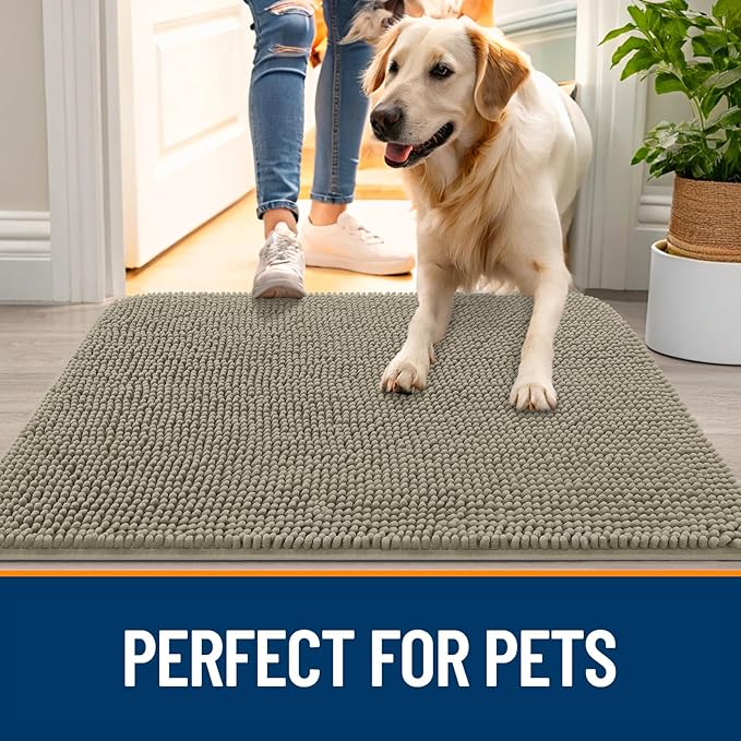 OLANLY Dog Door Mat for Muddy Paws 47x20, Absorbs Moisture and Dirt, Absorbent Non-Slip Washable Doormat, Quick Dry Chenille Mud Mat, Entry Indoor Entryway Carpet for Inside Floor, Warm Taupe