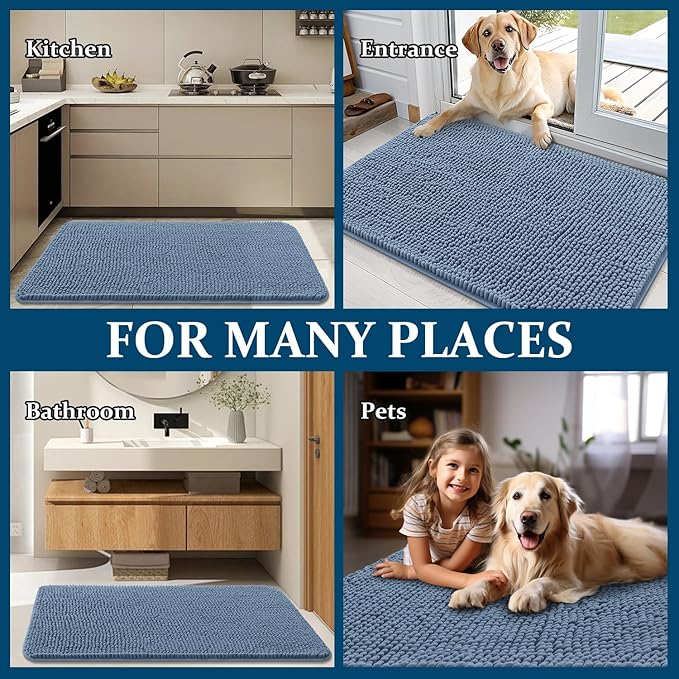 OLANLY Dog Door Mat for Muddy Paws 30x20, Absorbs Moisture and Dirt, Absorbent Non-Slip Washable Doormat, Quick Dry Chenille Mud Mat for Dogs, Entry Indoor Entryway Carpet for Inside Floor, Airy Blue