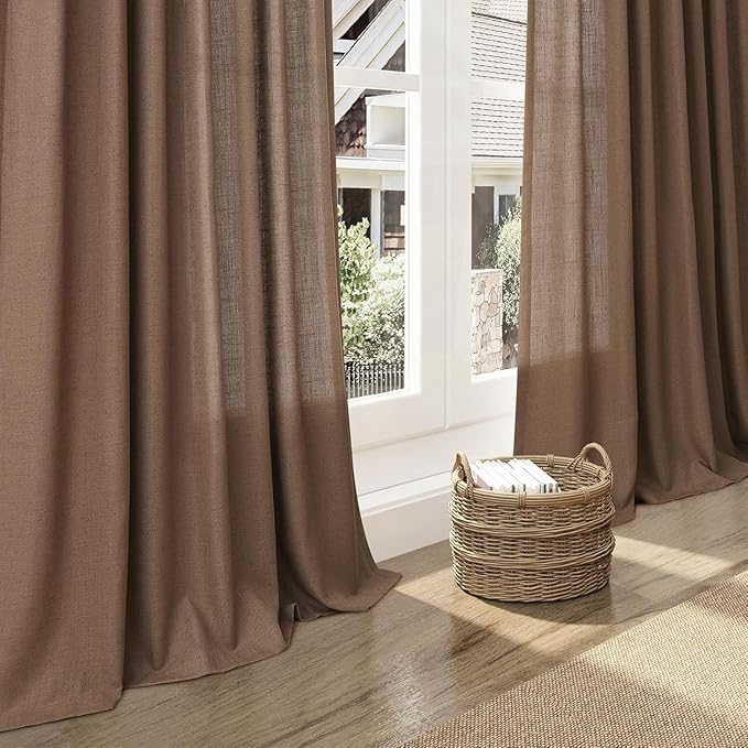 Caramel Brown Linen Curtains for Living Room Extra Long 112 Inches Long Back Tab Light Filtering Semi Sheer Curtain Vintage Rustic Decor Floor to Ceiling High Window for Bedroom 52x112, 2 Panels