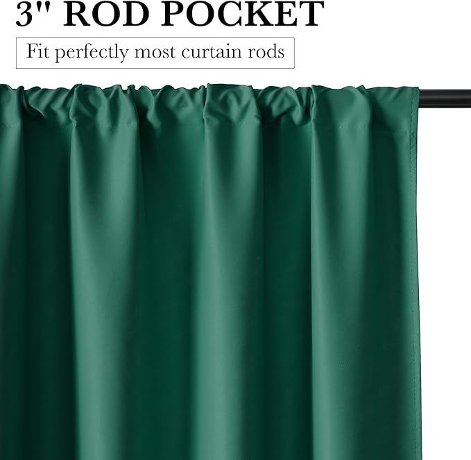 RYB HOME Bedroom Blackout Curtains 63 inches Long, 100% Blackout Thermal Insulated Noise Reducing Curtains for Living Room Nursury, 42 inches Wide by 63 inches Long, Dark Green