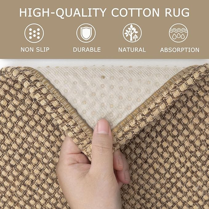 KOZYFLY Area Rug Runner Sets of 2 Pcs 2x3 and 2x6 Washable Kitchen Rugs Non Slip Rubber Backed Hallway Rug Woven Cotton Entrance Rugs for Front Porch Bathroom Kitchen Bedroom, Tan/Orange/Brown