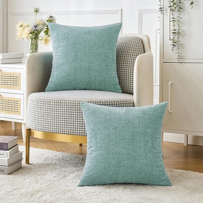 MIULEE Pack of 2 Couch Throw Pillow Covers 16x16 Inch Soft Aqua Green Chenille Pillow Covers for Sofa Living Room Spring Home Decor Couch Solid Dyed Cases