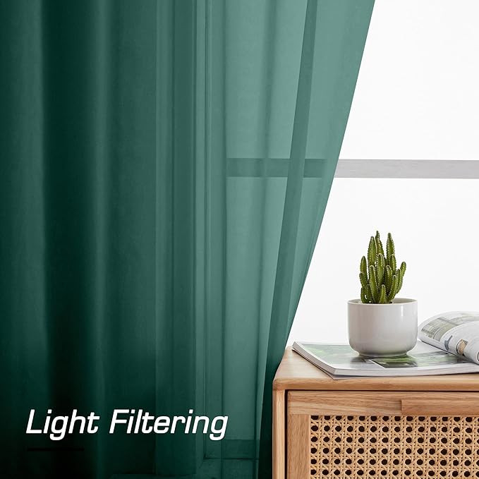 Aiyufeng Hunter Green Sheer Curtain Drapes 54 Inch Length 2 Panels for Living Room, Light Filtering Voile Green Drapes for Bedroom, Patio, Sliding Door, Each 42" W x 54" L