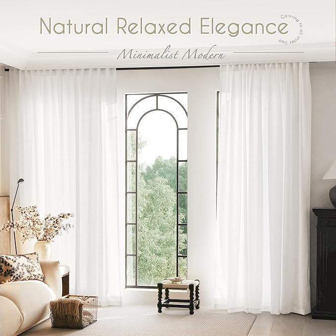 Extra Long White Curtain 120 inches Long 2 Panels Set Back Tab Light Filtering Cotton Textured Curtain Modern Farmhouse Coastal Decor White Linen Drapes 120 inch Length for Large Window 10 FT 42x120