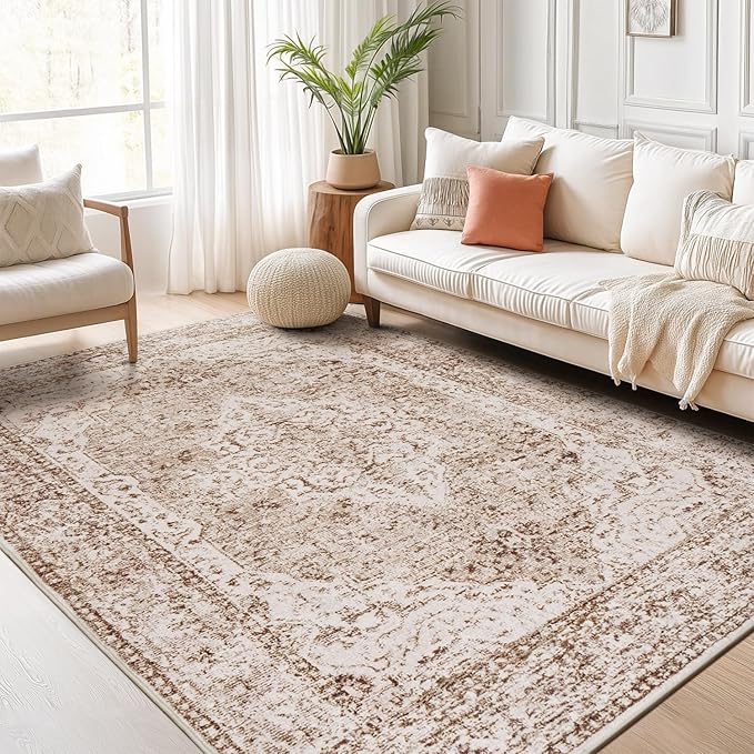 Lofus 5x8 Area Rugs for Living Room, Washable Area Rug, Rugs for Bedroom, Kitchen, Vintage Boho Carpet, Soft Non-Slip, Low Pile Large Area Rug for Office Dining Room, Vintage Beige Brown