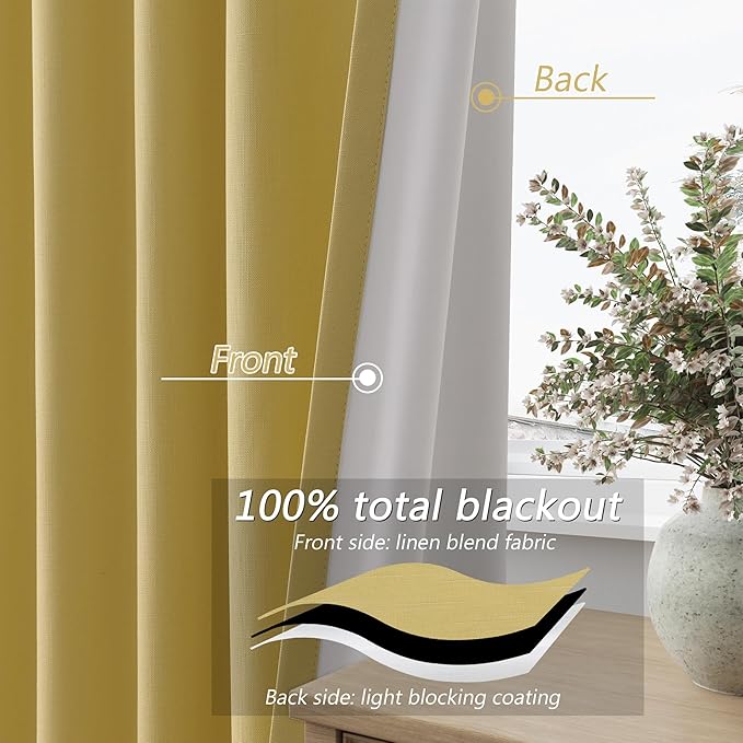 Guken Yellow 100% Blackout Linen Curtains 72 Inch Length 2 Panels Set for Living Room Bedroom Back Tab/Rod Pocket Thermal Insulated Black Out Drapes Room Darkening Window Curtains 72 Inches Long